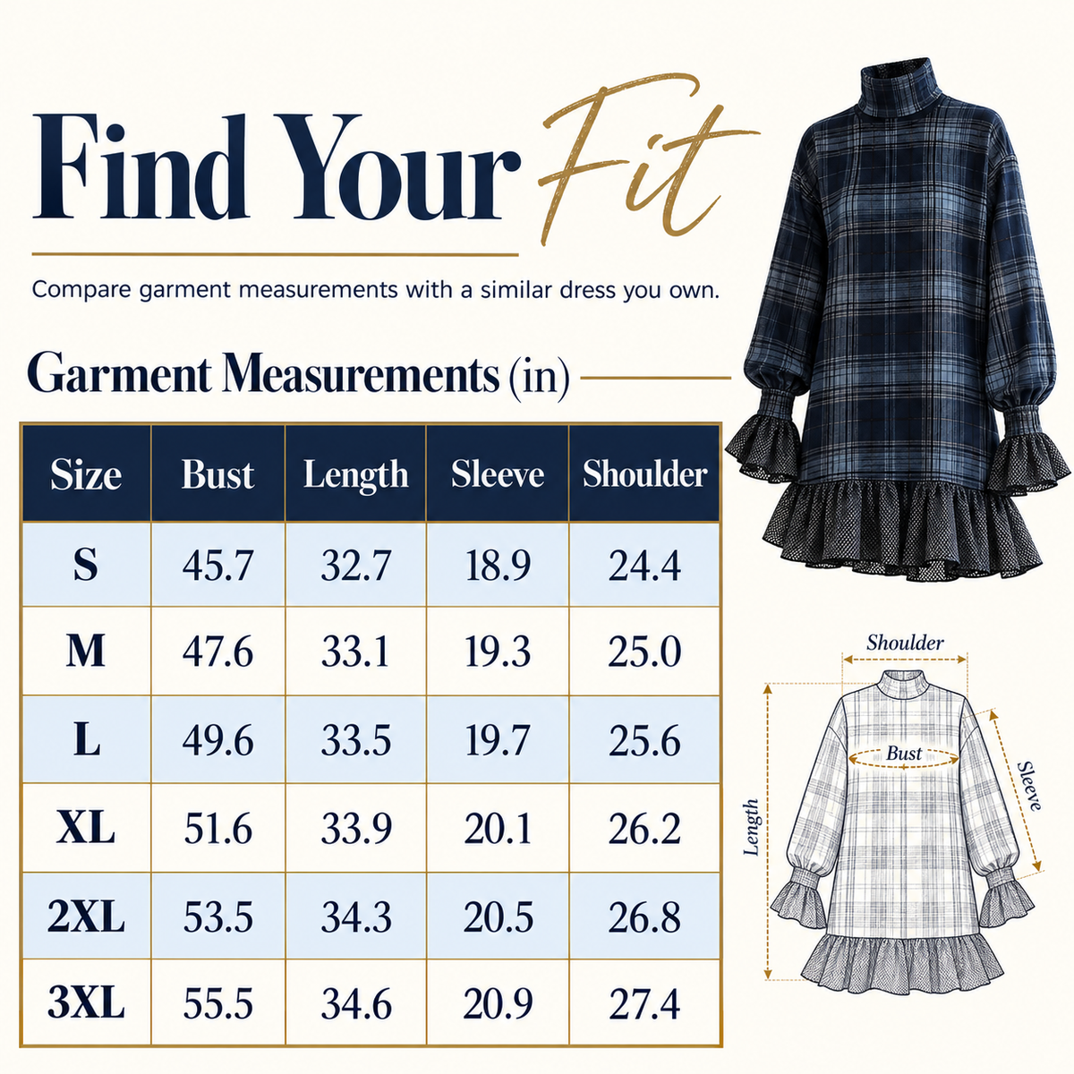 Women's Vintage Plaid Mini Dress – Mock Neck, Relaxed Fit & Ruffle Hem
