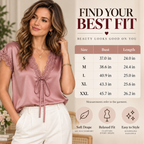 Women's Satin Lace V-Neck Blouse – Elegant Tie-Front Short Sleeve Top