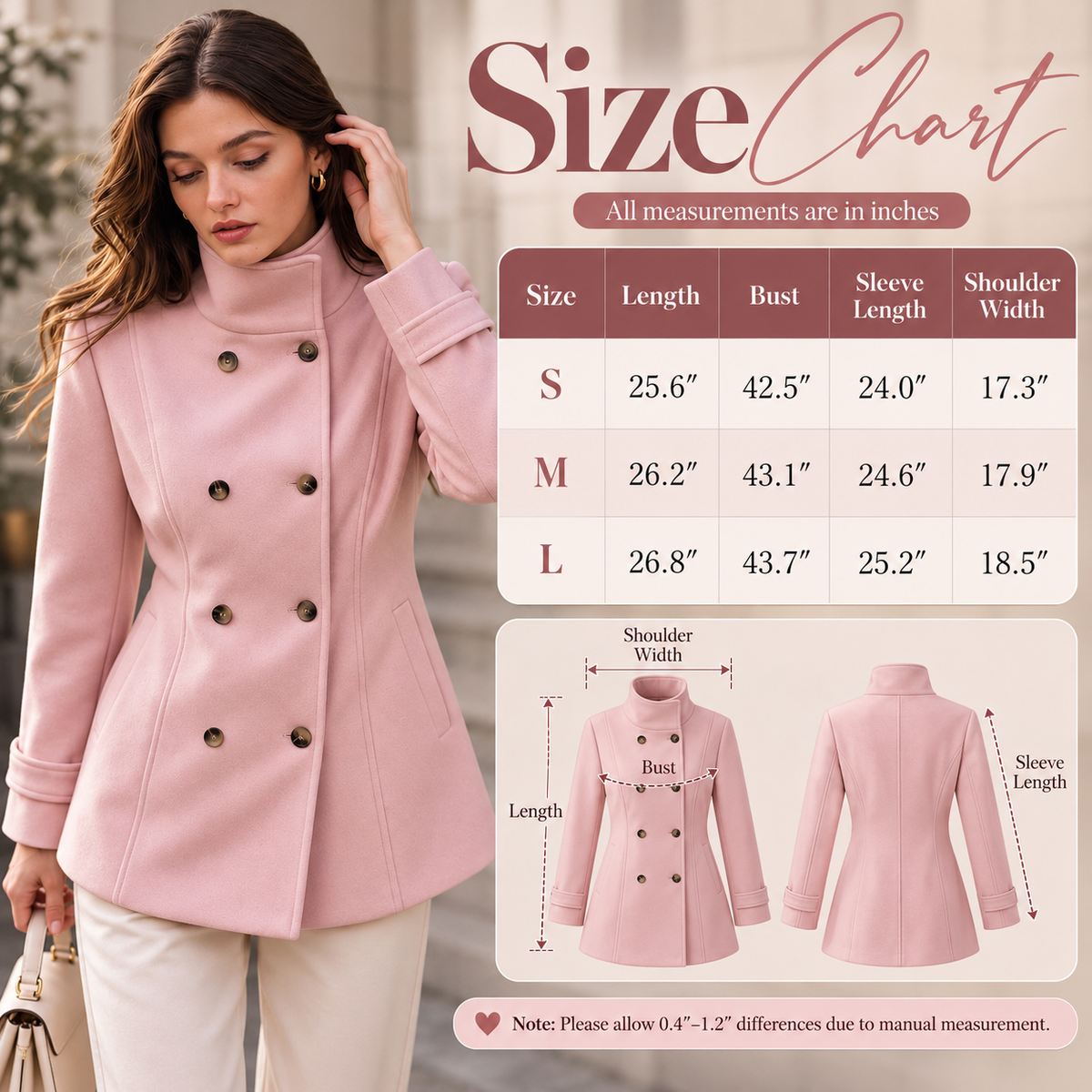 🌸 Women's Elegant Double-Breasted Coat – Flattering Tailored Waist, Stand Collar & Flared Hem