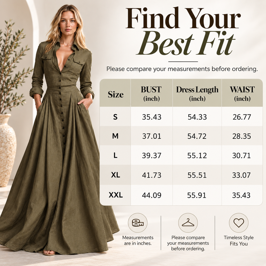 Women's Long-Sleeve Collared Button-Front Maxi Dress