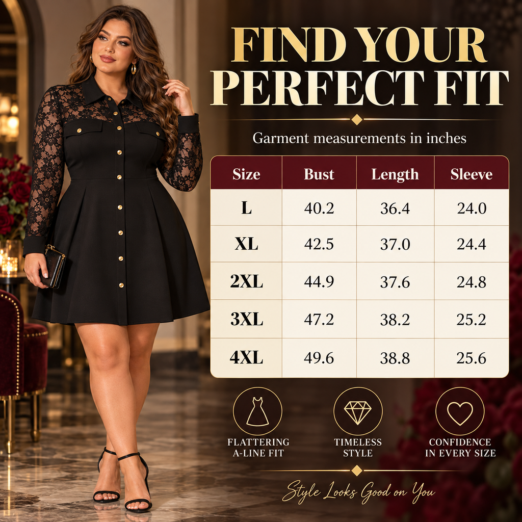 Women's Elegant Lace Panel A-Line Shirt Dress: Waist-Defining Button-Front Silhouette
