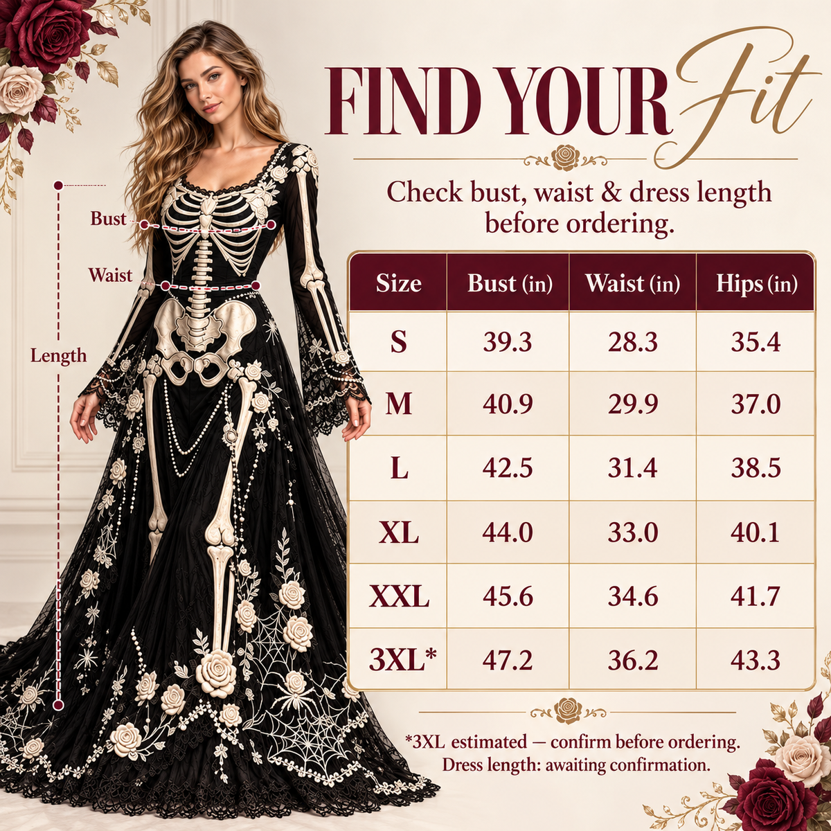 Women’s Gothic Skeleton & Rose Maxi Dress – Vintage Style, Flared Sleeves & Flowing Skirt for Halloween