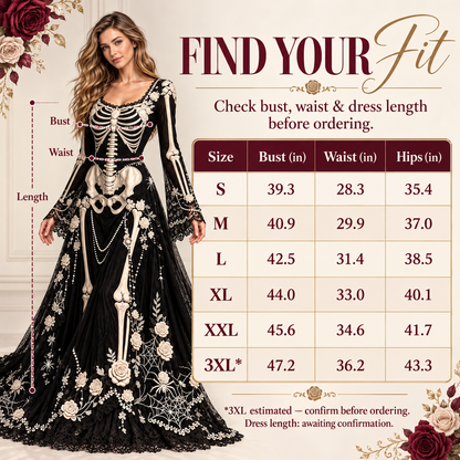 Women’s Gothic Skeleton & Rose Maxi Dress – Vintage Style, Flared Sleeves & Flowing Skirt for Halloween