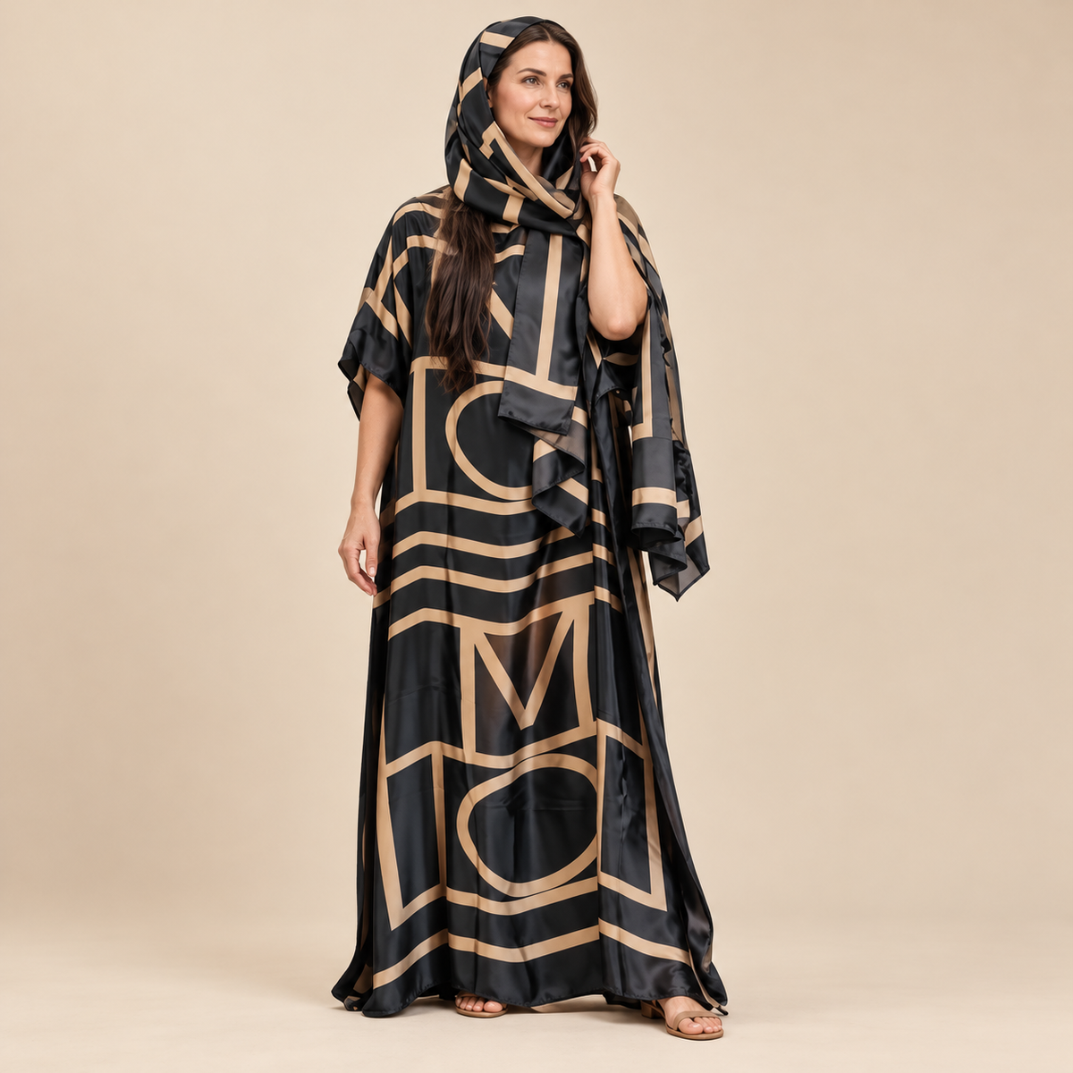 Printed Kaftan Maxi Dress & Matching Scarf Set