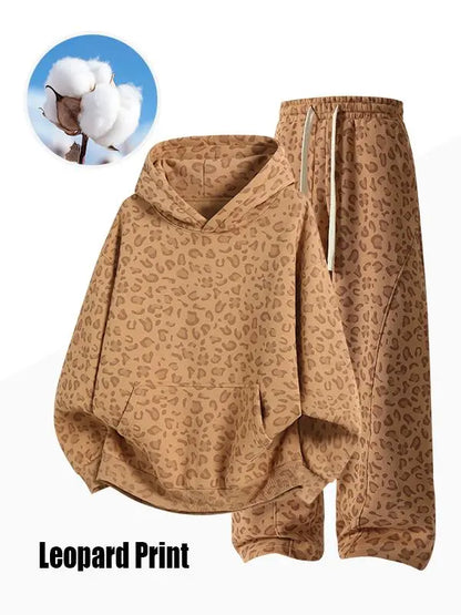 Unisex Cotton 2-Piece All-Over Leopard Print Streetwear Set