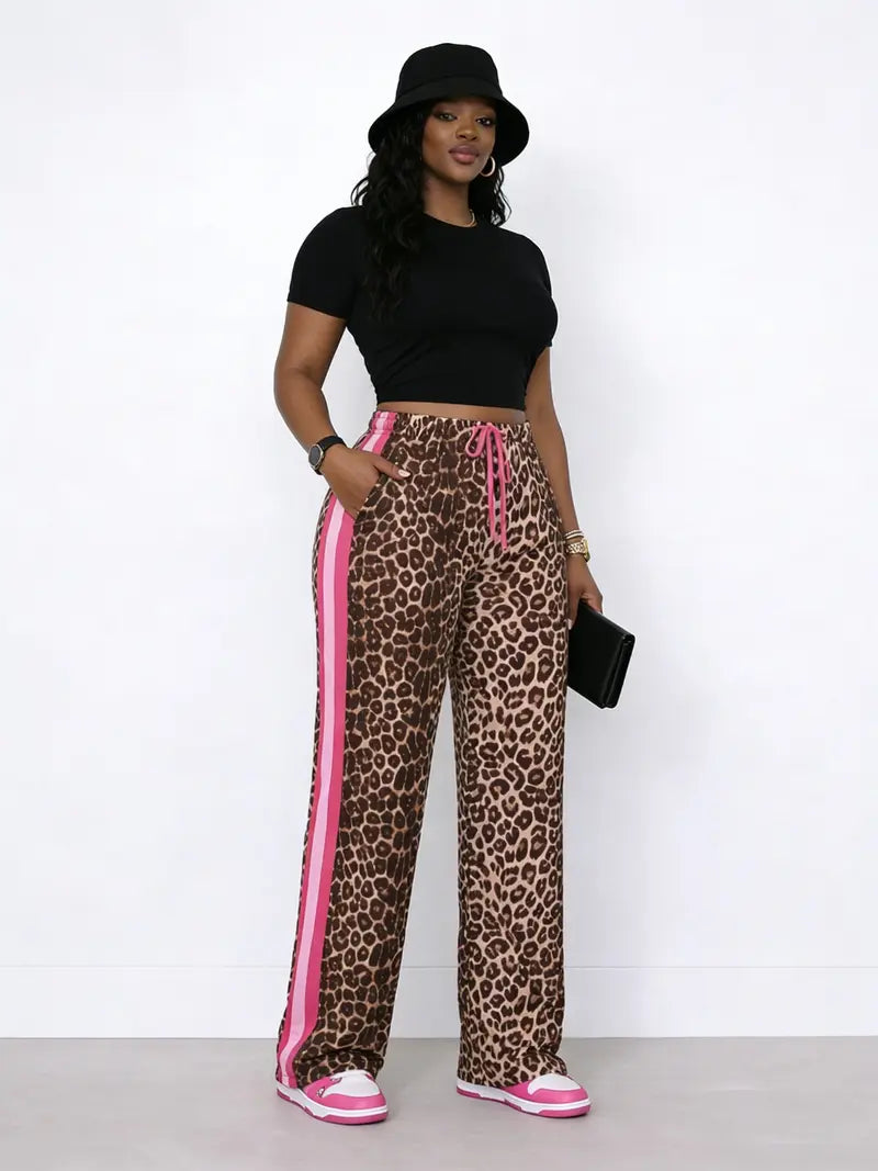 💃Women's Leopard Print Side Stripe Wide Leg Stretchy Casual Pants💃