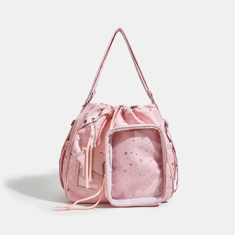 ✨ Star-Embossed Ita Bag | Convertible Drawstring Backpack & Shoulder Bag with Clear Window 🎒