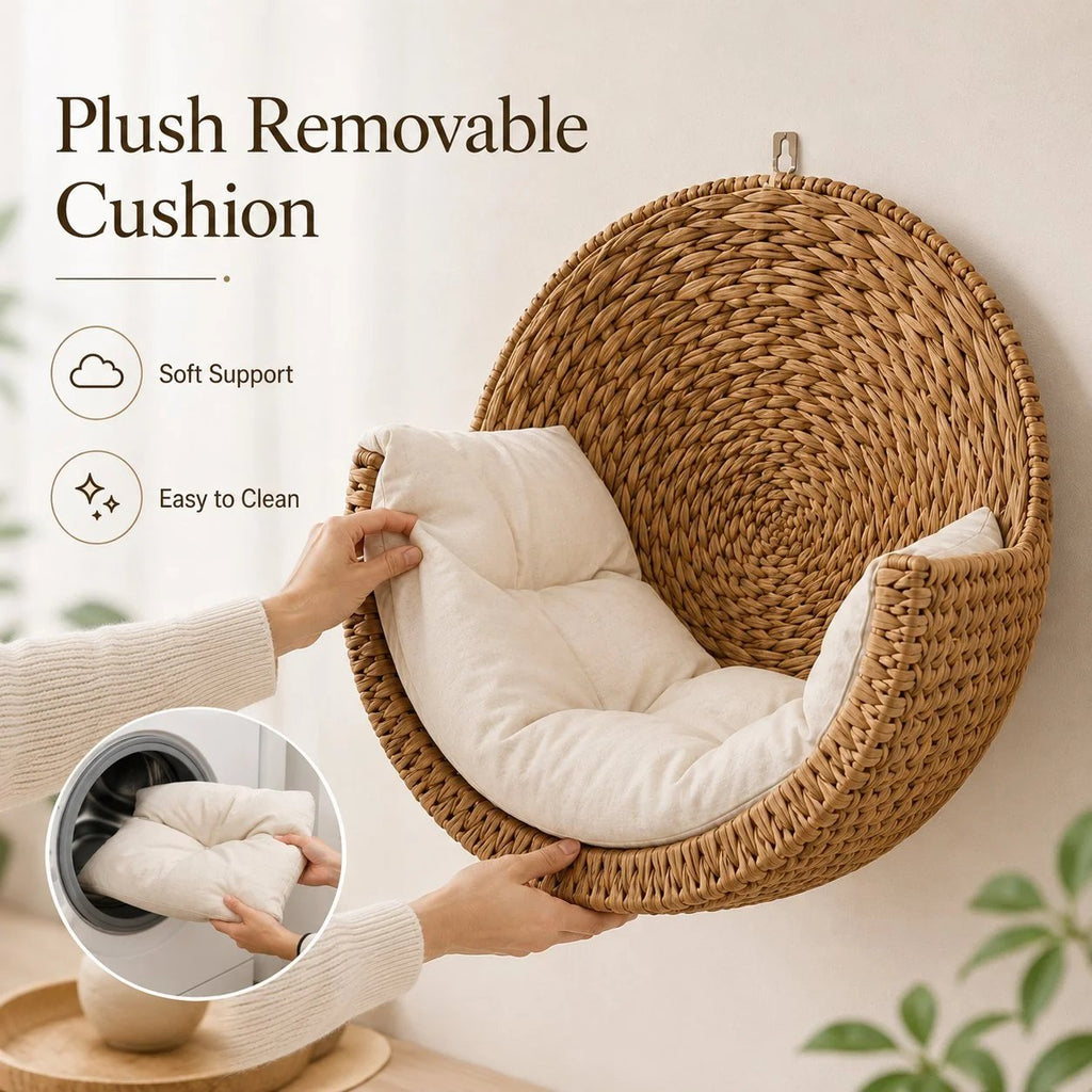 Handwoven Floating Cat Bed & Wall Perch: Space-Saving Lounger with Ultra-Soft Washable Cushion 🐱✨