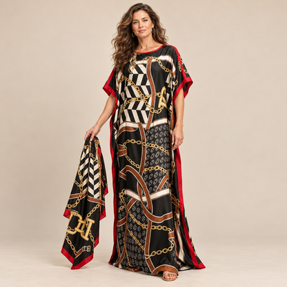 Printed Kaftan Maxi Dress & Matching Scarf Set