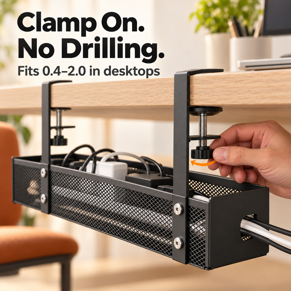 Under-Desk Cable Management Tray – No-Drill Clamp Organizer for Desks Up to 2" Thick