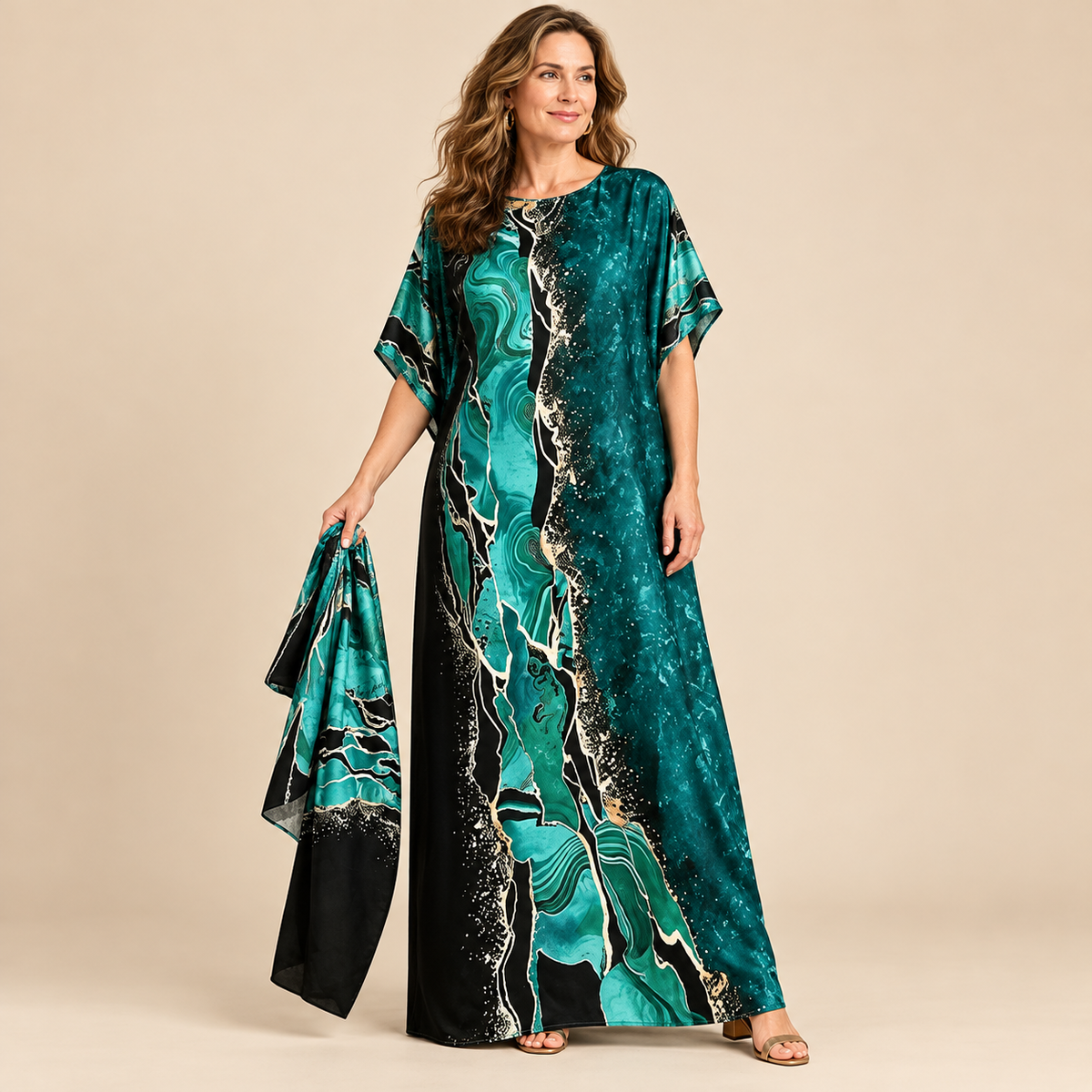 Printed Kaftan Maxi Dress & Matching Scarf Set