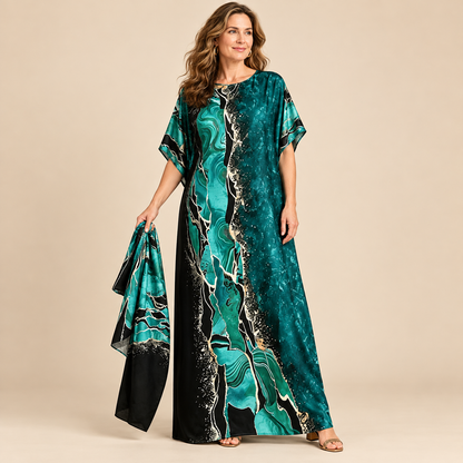 Printed Kaftan Maxi Dress & Matching Scarf Set