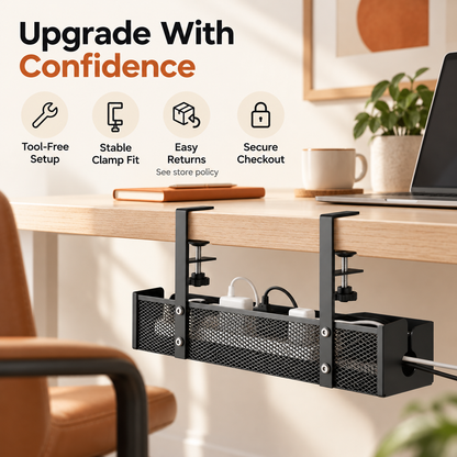 Under-Desk Cable Management Tray – No-Drill Clamp Organizer for Desks Up to 2" Thick