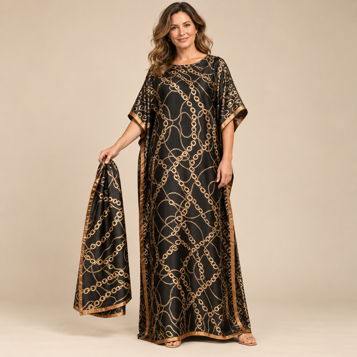 Printed Kaftan Maxi Dress & Matching Scarf Set