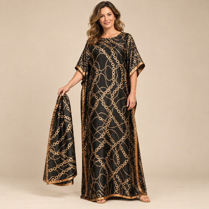 Printed Kaftan Maxi Dress & Matching Scarf Set
