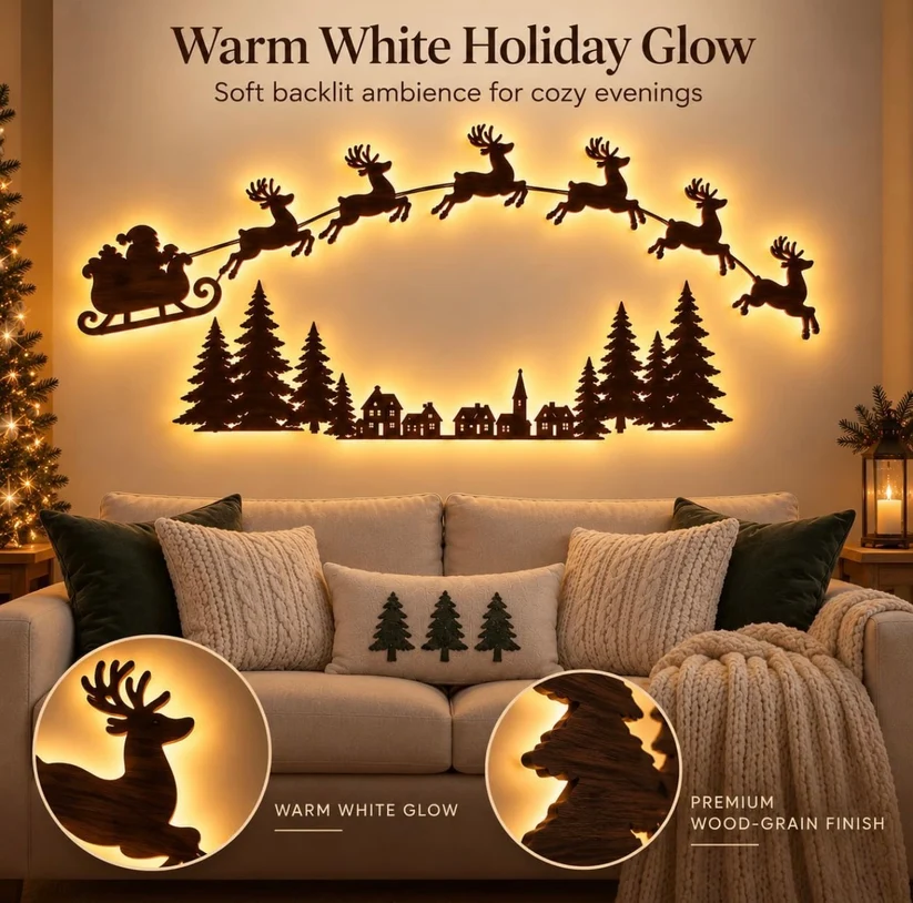 Santa & Reindeer Backlit Christmas Wall Decor for Living Room