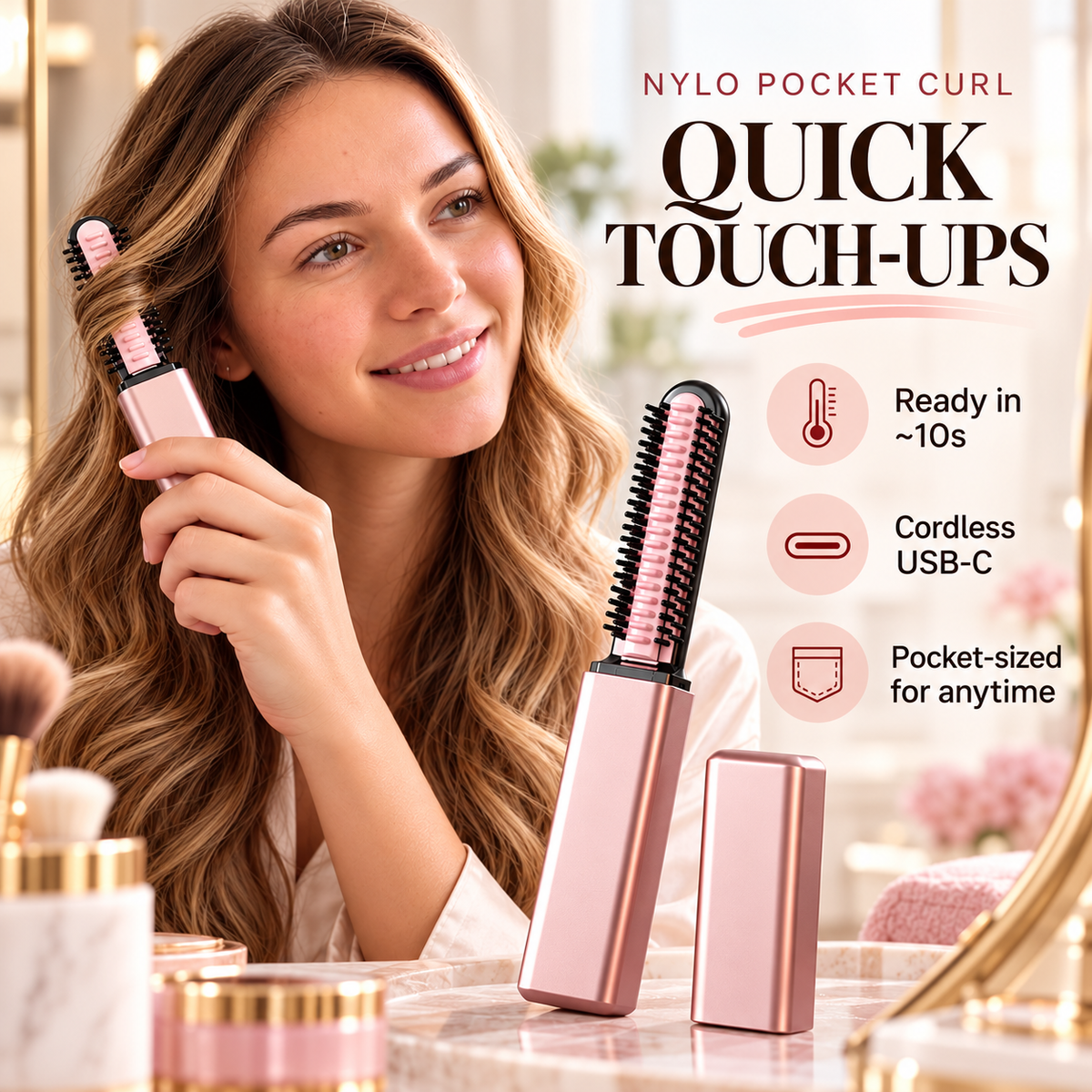 Nylo Pocket Curl-Cordless USB-C Mini Curling Brush with 3 Heat Settings