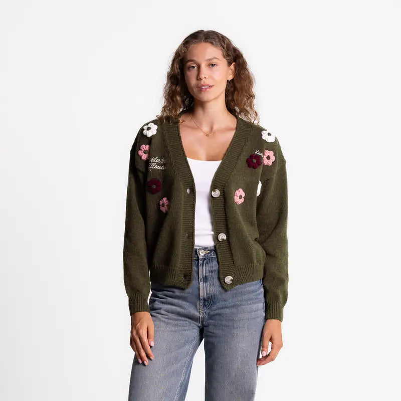 Vintage Floral Embroidered Button-Down Knit Cardigan Sweater