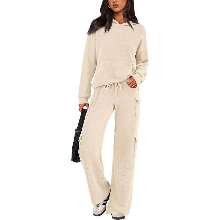 Women’s Soft Hooded Lounge Set with Wide-Leg Cargo Pants & Pockets