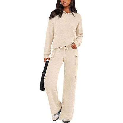 Women’s Soft Hooded Lounge Set with Wide-Leg Cargo Pants & Pockets