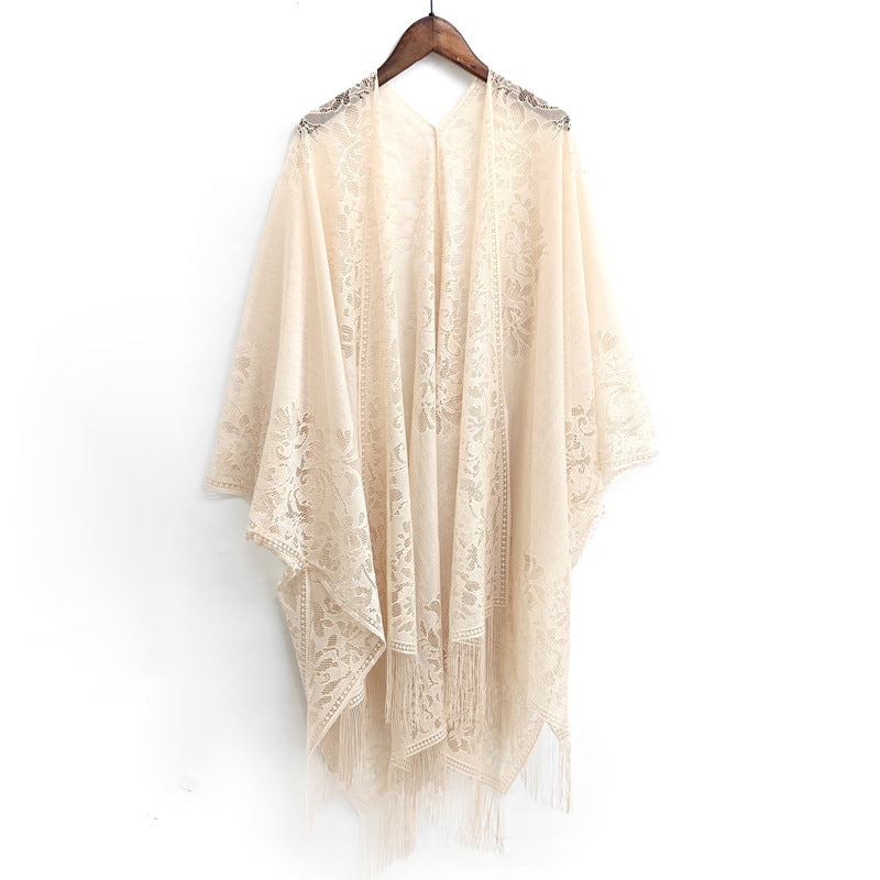 Elegant Floral Lace Kimono Wrap with Flowing Fringe | Evening & Wedding Shrug