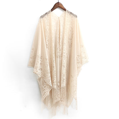 Elegant Floral Lace Kimono Wrap with Flowing Fringe | Evening & Wedding Shrug