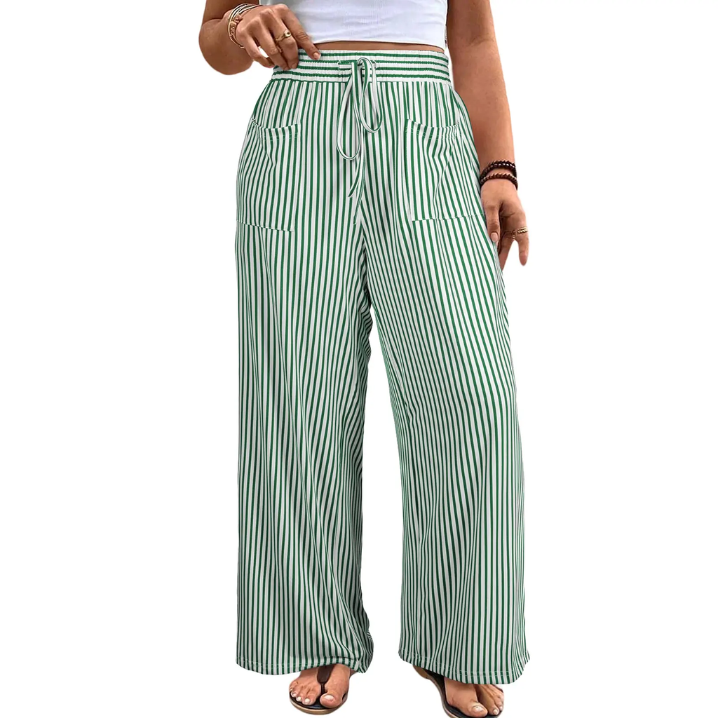 Women’s Plus Size High-Waisted Stretchy Striped Wide-Leg Casual Pants