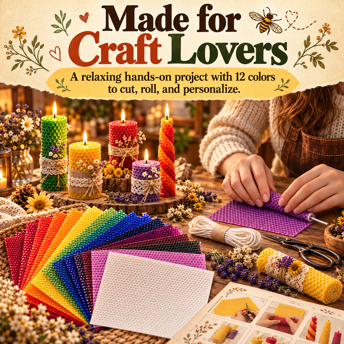 DIY Natural Beeswax Candle Making Kit – 12 Colorful Wax Sheets + 12 Wicks, Easy Handmade Gifts