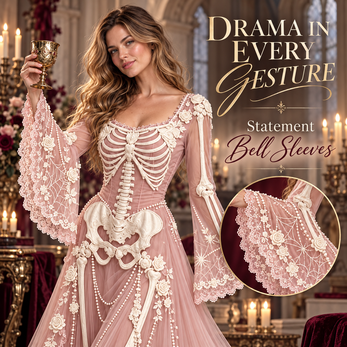 Women’s Gothic Skeleton & Rose Maxi Dress – Vintage Style, Flared Sleeves & Flowing Skirt for Halloween