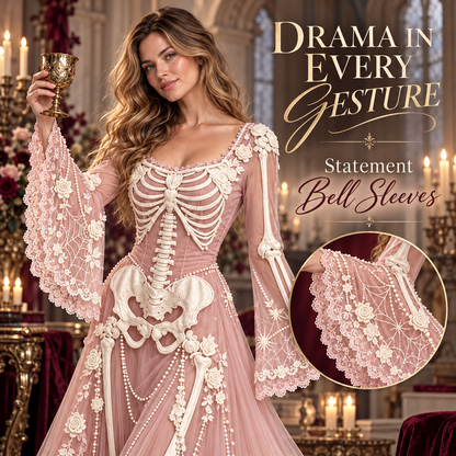 Women’s Gothic Skeleton & Rose Maxi Dress – Vintage Style, Flared Sleeves & Flowing Skirt for Halloween