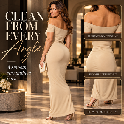 Off-the-Shoulder Short Sleeve Bodycon Maxi Dress | Slim-Fit Ruched Long Dress