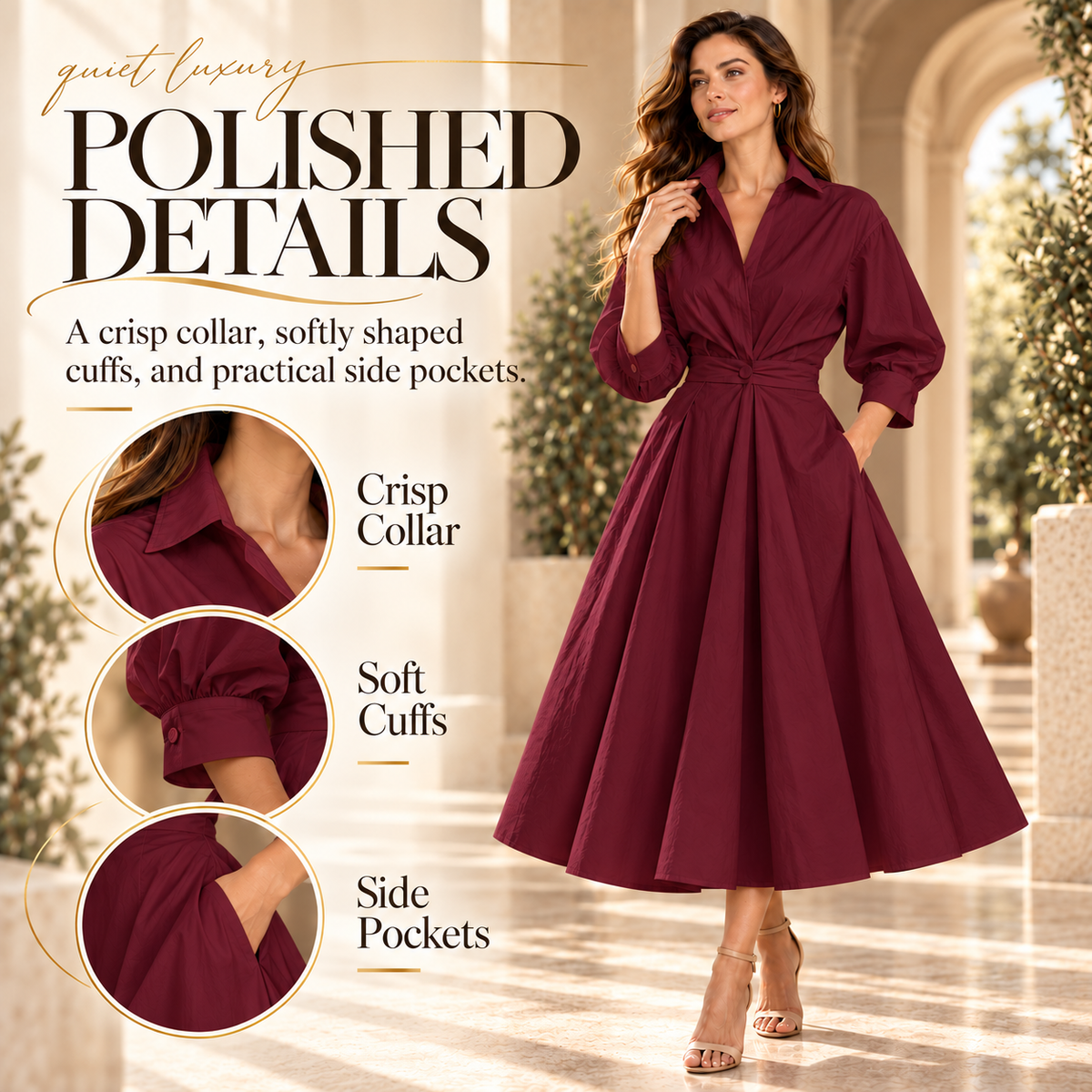 Minimalist Collared Long Sleeve Midi Dress | Office & Formal Wear