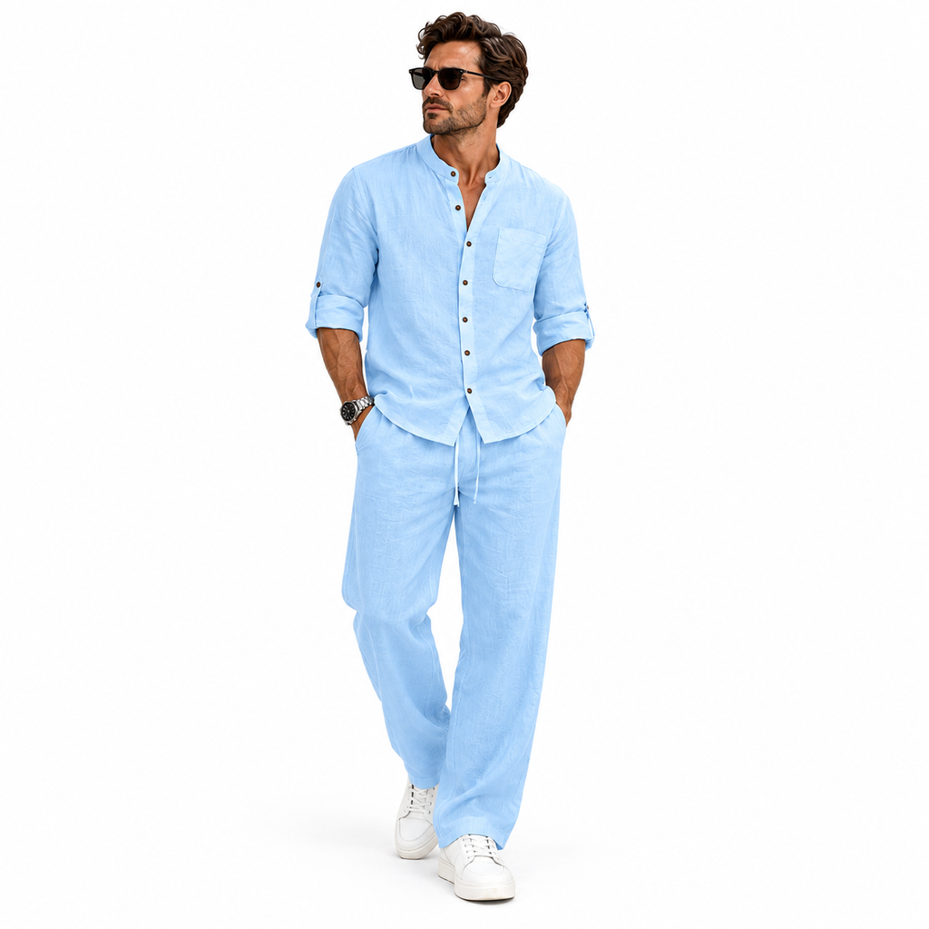 Men's Relaxed Mandarin Collar Shirt & Wide-Leg Pants Set