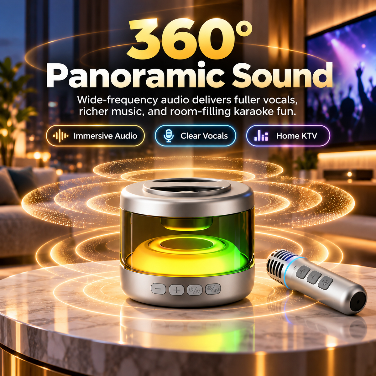 Portable Mini Karaoke Machine with Dual Wireless Microphones, 360° Sound & RGB Lights