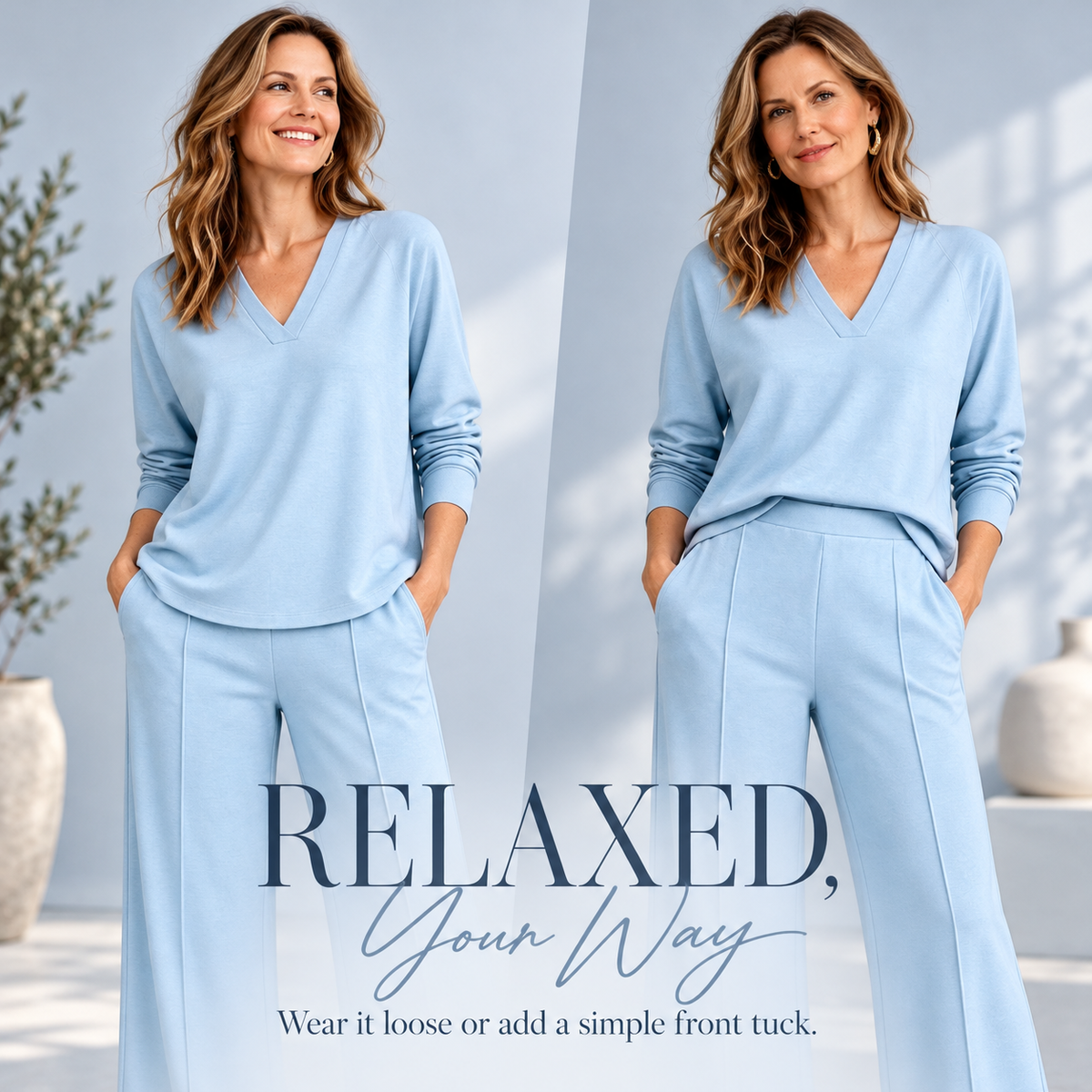 The Tailored V-Neck & Pintuck Wide-Leg Two-Piece Commuter Set