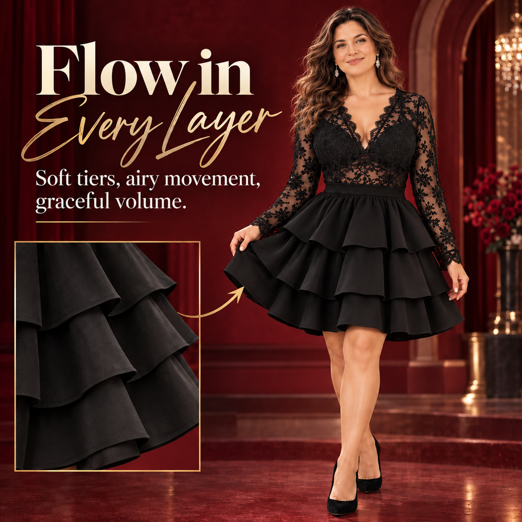 Plus Size Lace Tiered Ruffle Dress – Elegant Long Sleeve Party Dress