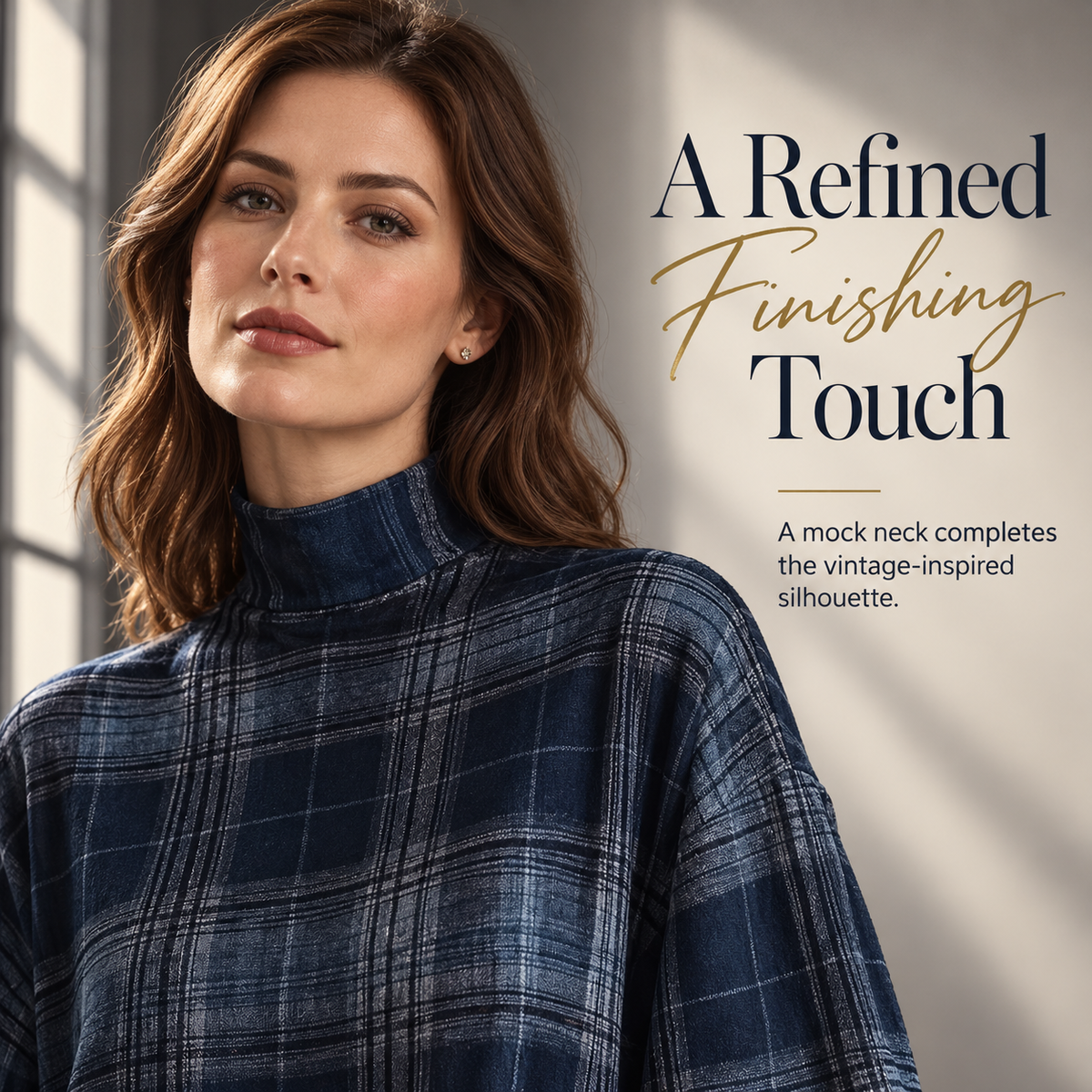 Women's Vintage Plaid Mini Dress – Mock Neck, Relaxed Fit & Ruffle Hem