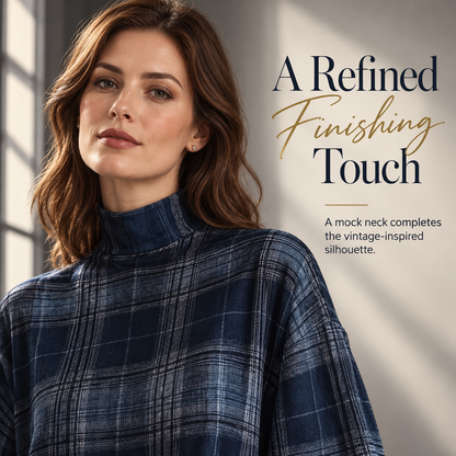 Women's Vintage Plaid Mini Dress – Mock Neck, Relaxed Fit & Ruffle Hem
