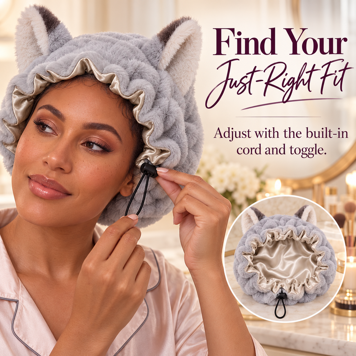 🦊 Plush Fox Ear Sleep Bonnet – Satin Lined & Adjustable for Gentle Hair Care ✨