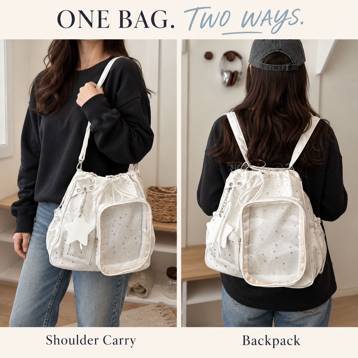 ✨ Star-Embossed Ita Bag | Convertible Drawstring Backpack & Shoulder Bag with Clear Window 🎒
