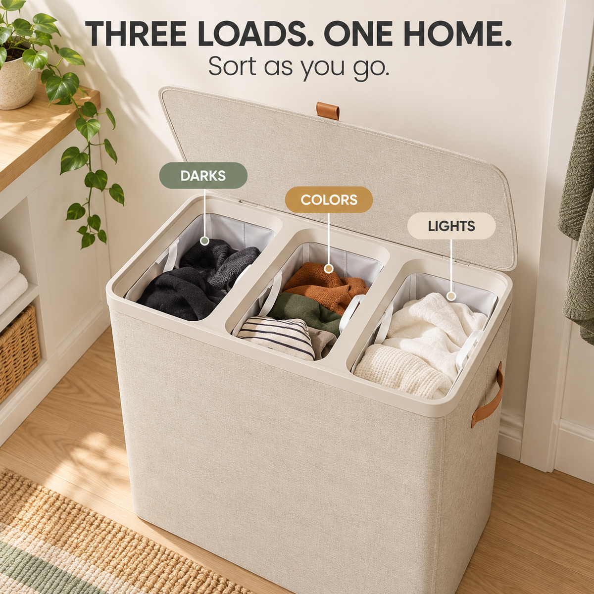 Large 3-Compartment Laundry Sorter with Lid