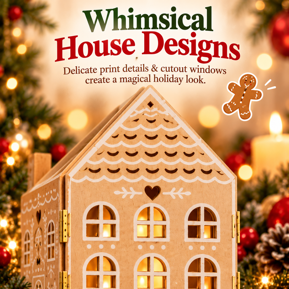 Close-up of laser-cut gingerbread house panel with icing-style patterns and decorative windows