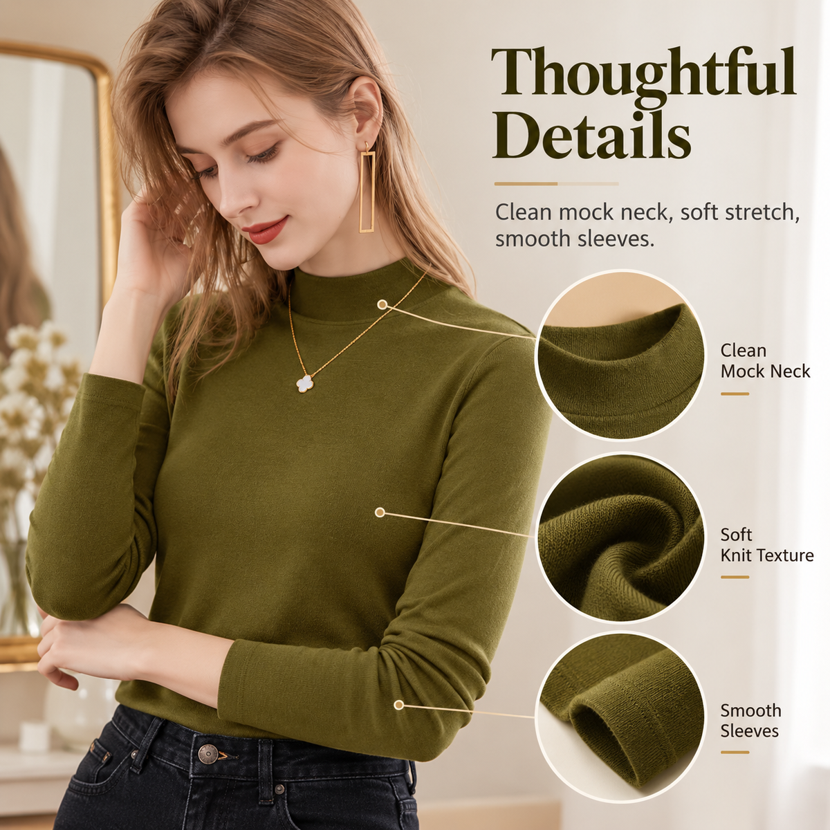 Women's Slim-Fit Mock Neck Knit Top （3pack）