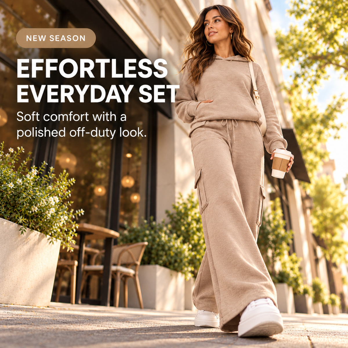 Women’s Soft Hooded Lounge Set with Wide-Leg Cargo Pants & Pockets