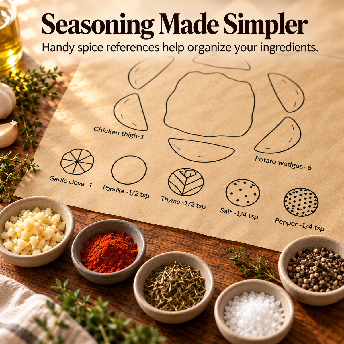 Close-up of printed baking parchment with illustrated garlic paprika thyme salt and pepper references