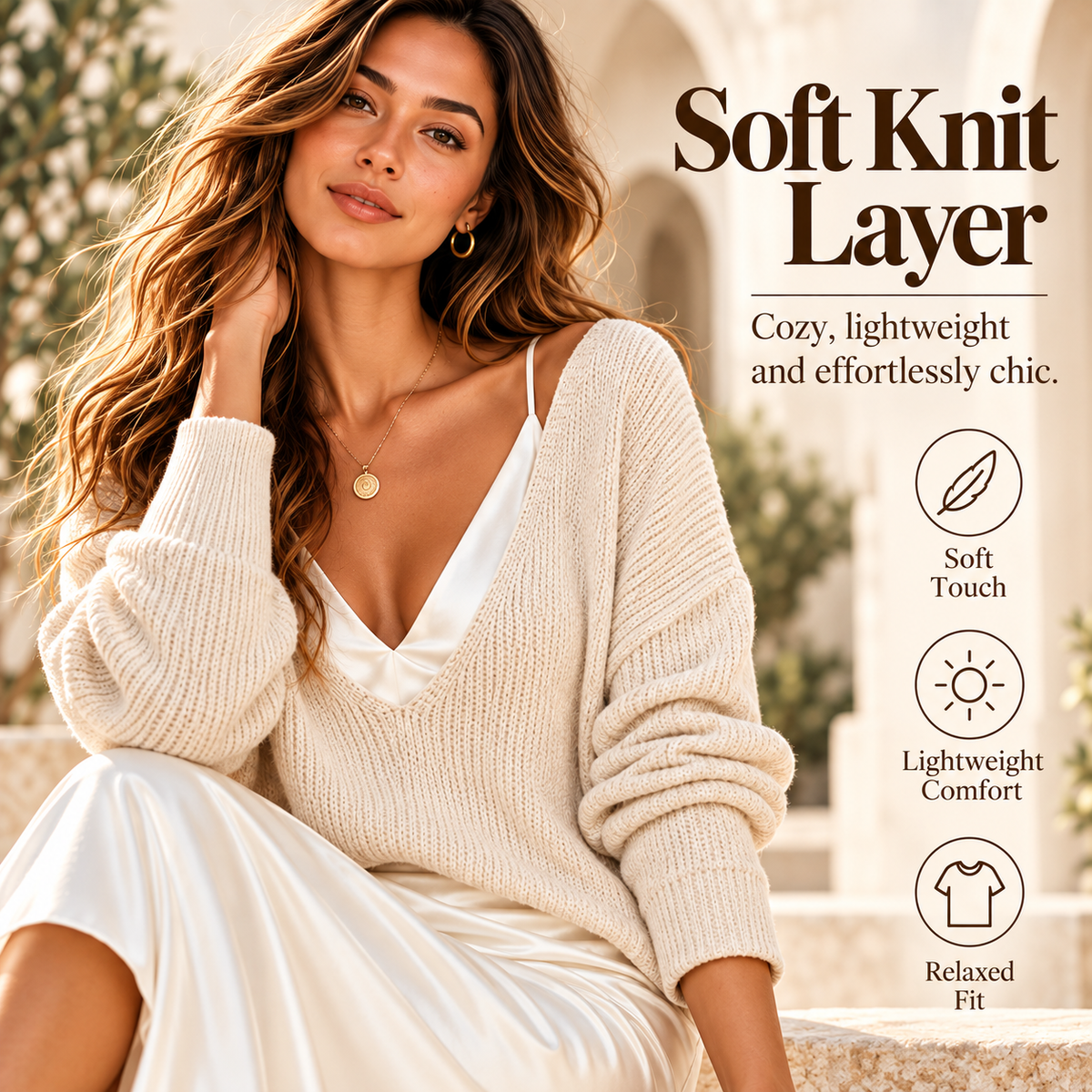 💃Women’s 2-Piece V-Neck Knit Sweater & Satin Slip Maxi Dress Set💃