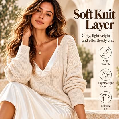 💃Women’s 2-Piece V-Neck Knit Sweater & Satin Slip Maxi Dress Set💃