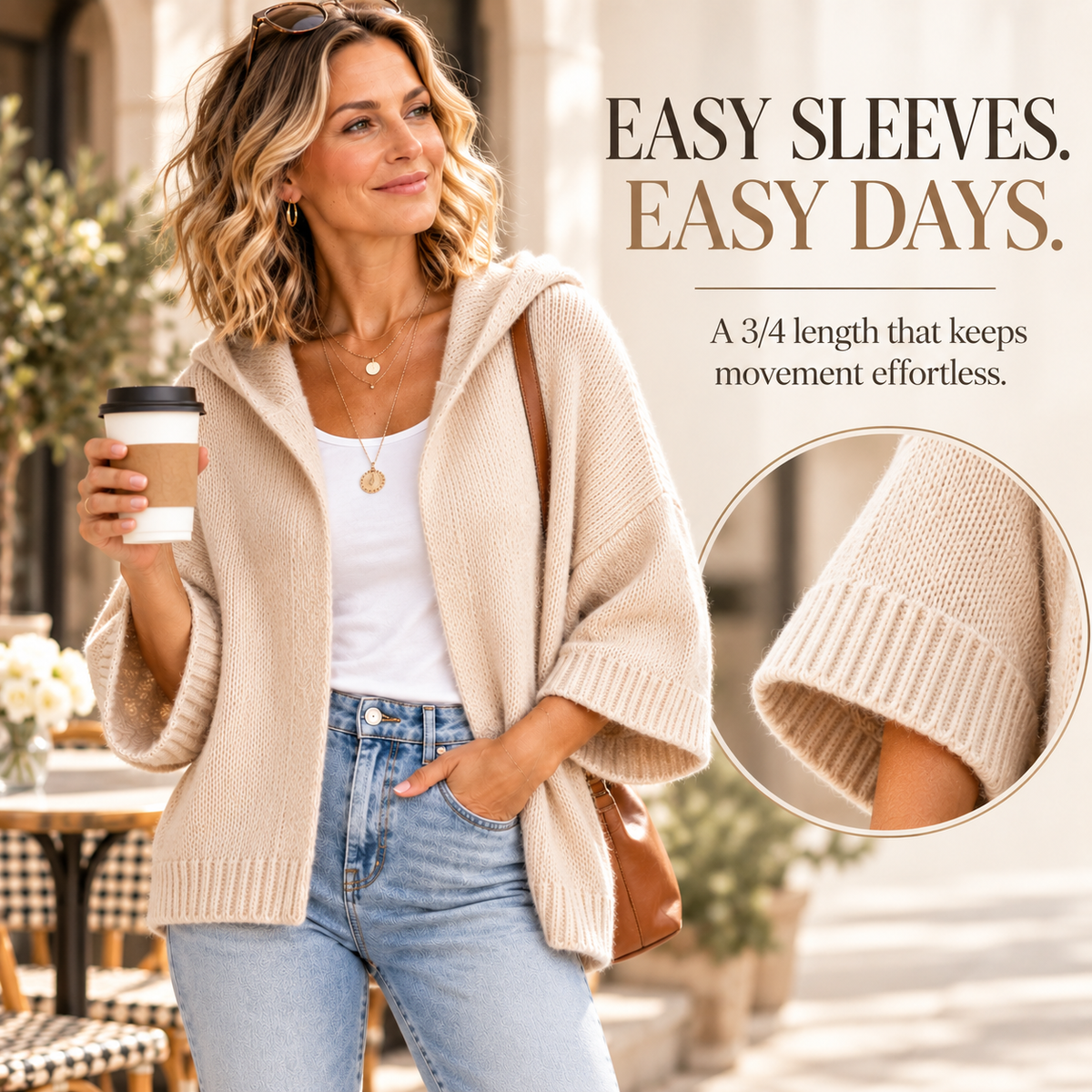 Women’s Hooded Open-Front Knit Cardigan – Relaxed 3/4 Sleeve Sweater