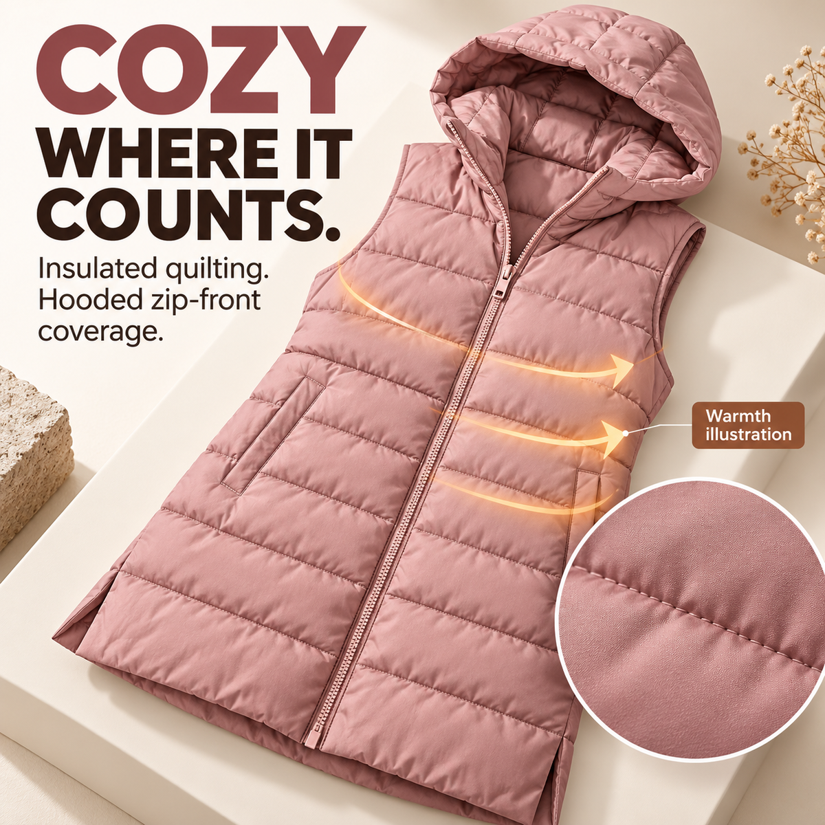 Hooded Long Puffer Vest Without the Bulk