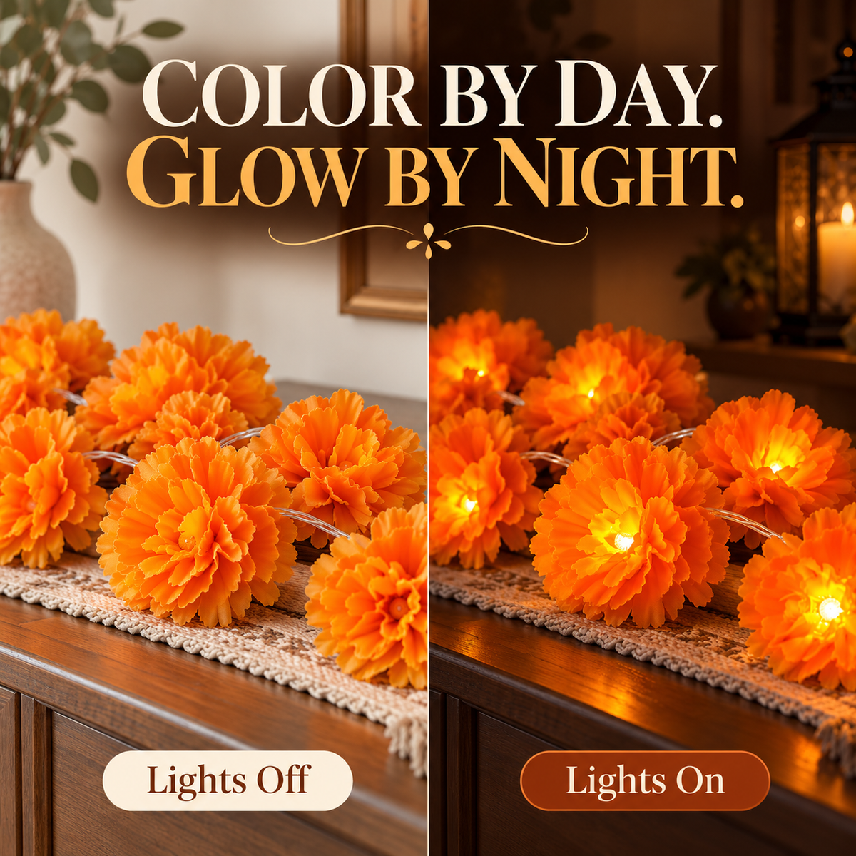 🎃 Marigold Flower String Lights – A Festive Glow for Fall & Day of the Dead 🌼